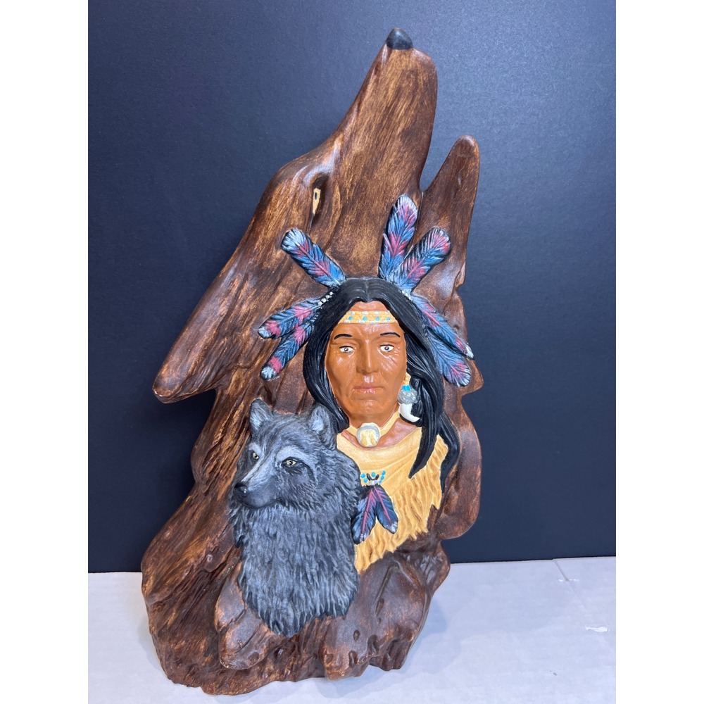 Native American Chief and Wolf Resin Sculpture Howling‎ Wolf Faux Wood Figurine - Picture 2 of 10